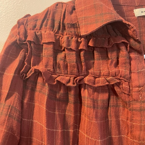 Max Studio Rust Plaid Ruffle Yoke Button-Up Blouse - Picture 3 of 16